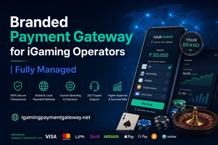Branded payment gateway for iGaming operators with a smartphone, chips, and roulette wheel; URL igamingpaymentgateway.net shown and features listed.