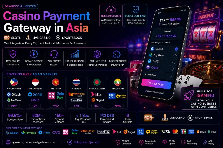 Promotional banner for a Casino Payment Gateway in Asia with multiple payment options and security icons