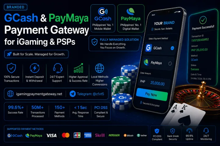 Branded banner for GCash and PayMaya payment gateway for iGaming/PSPs, showing app screens, logos, and security features.