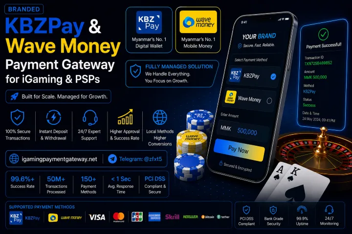 Banner ad for KBZPay & Wave Money payment gateway for iGaming and PSPs, featuring mobile app screens and logos on a dark neon background.