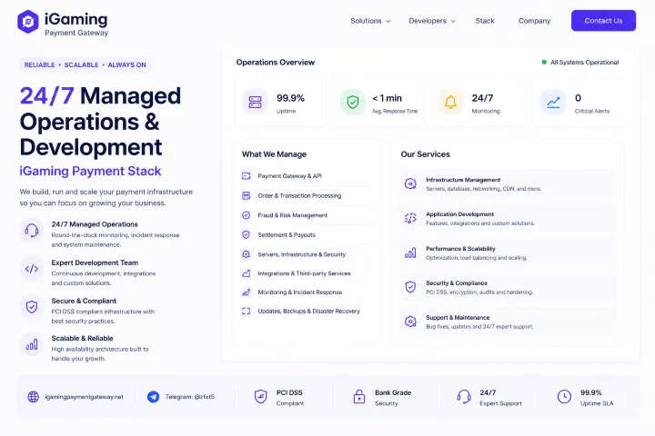 iGaming Payment Gateway homepage hero with 24/7 managed operations and development features on the left and an overview panel on the right.