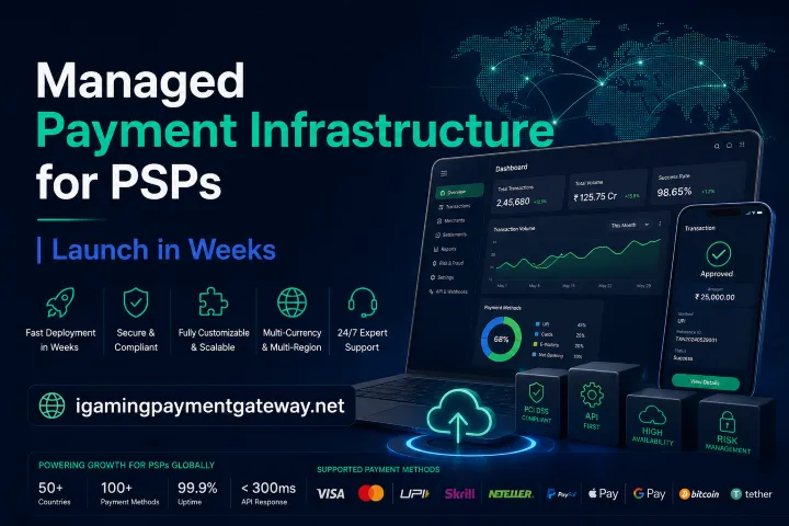 Advertising banner: 'Managed Payment Infrastructure for PSPs' with laptop and mobile dashboards and the site igamingpaymentgateway.net.
