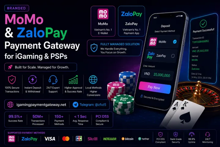 Branded banner for MoMo & ZaloPay Payment Gateway for iGaming & PSPs, with logos, phone screen, and poker chips.