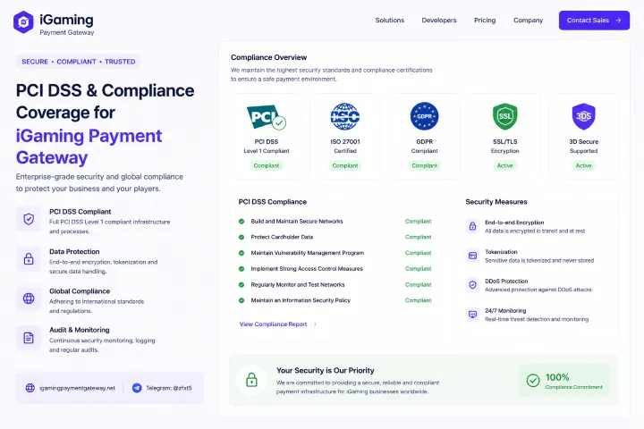 Screenshot of iGaming PCI DSS & Compliance page showing compliance overview and security badges