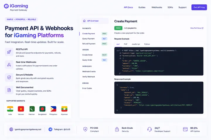 Hero page UI for iGaming Payment API: left feature list, center Create Payment docs with cURL example and response, header navigation and support badges.