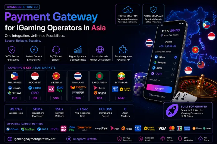 Promotional banner for a payment gateway for iGaming operators in Asia, highlighting secure transactions, deposits, and regional coverage with flags and a mobile payment mockup.