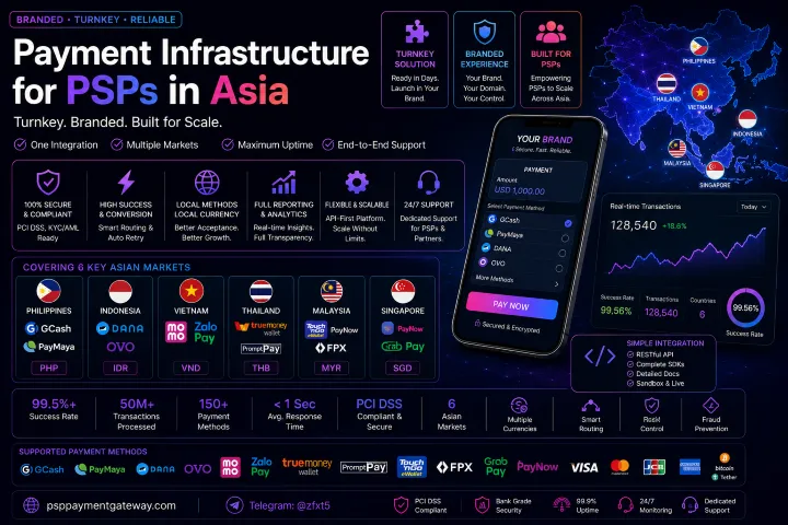 Infographic about Payment Infrastructure for PSPs in Asia, showing an Asia map with flags, device screens, and payment method logos for integration across markets.