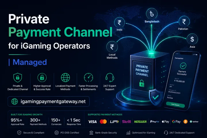 Banner for Private Payment Channel for iGaming Operators showing a secure server with glowing blue arcs and a phone depicting a successful transaction, set against a world-map backdrop.