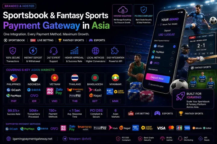 Banner for Sportsbook & Fantasy Sports Payment Gateway in Asia with logos and device screens showing deposits, live betting, and Asian markets information (noad text).