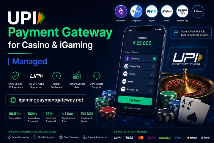 Promotional banner for UPI Payment Gateway for Casino & Gaming, showing a smartphone app screen with payment options, chips, and a casino wheel.