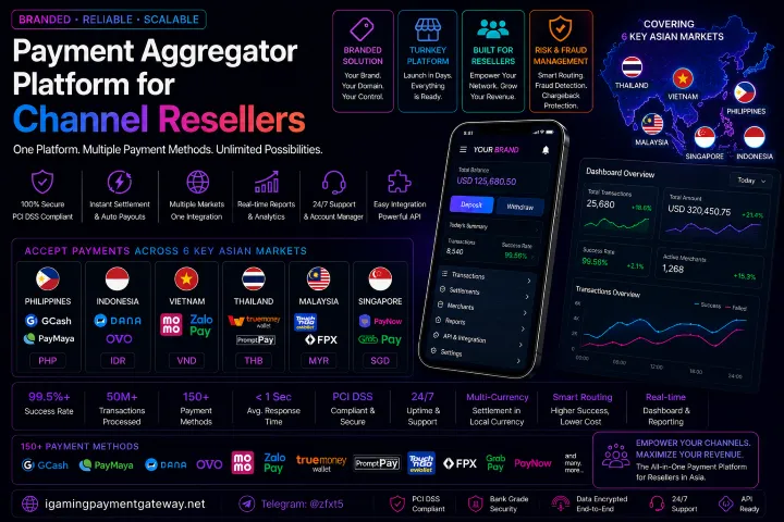 Hero banner for a payment aggregator platform targeted at channel resellers, displaying a smartphone dashboard, feature icons, and a world map of markets in the background.