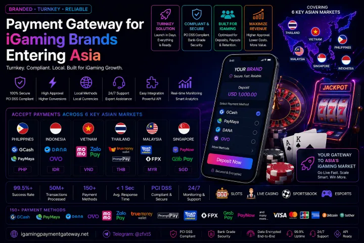 Payment gateway for iGaming brands entering Asia—highlights turnkey, compliant, secure features and an Asia market map.